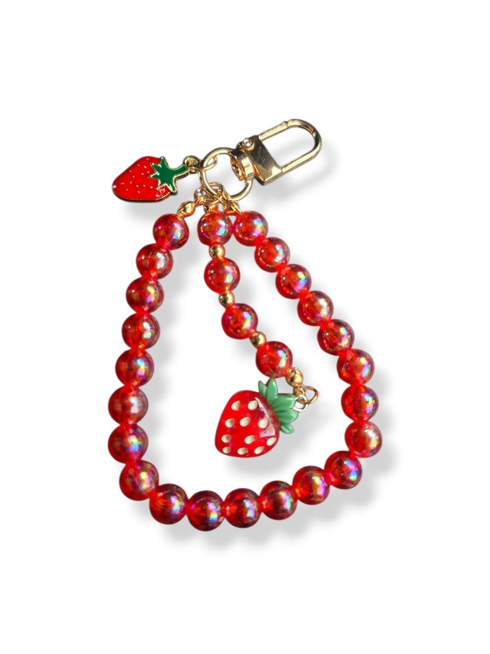 Red Strawberry Beaded Wrist Key Holder with Gold Keychain